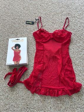 NWT Mapalé Ruth Playful Red Lace Mesh Babydoll Lingerie Set S/M 7507